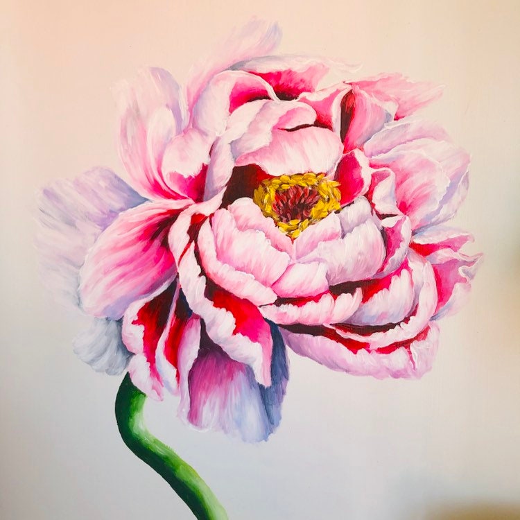 Original Pink Peony Painting, Acrylic on Wood Panel (18x24)