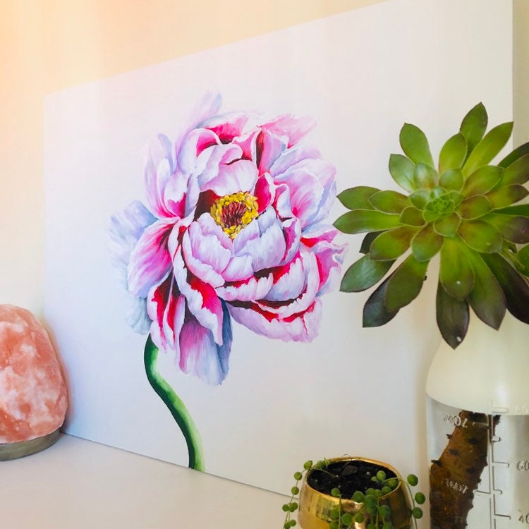 Original Pink Peony Painting, Acrylic on Wood Panel (18x24)